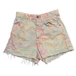 Zara Pastel Marble Swirl High Waisted Denim Shorts Raw Hem Women's 2 Festival